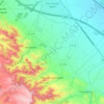 Carte topographique Mireval-Lauragais, altitude, relief