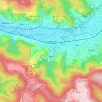 Carte topographique Winterbach, altitude, relief