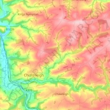 Carte topographique Chulmleigh, altitude, relief