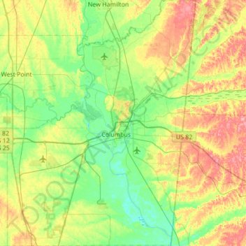 Carte topographique Lowndes County, altitude, relief