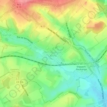 Carte topographique Bettange-sur-Mess, altitude, relief