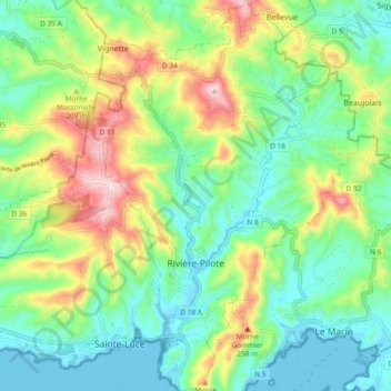 Carte topographique Rivière-Pilote, altitude, relief