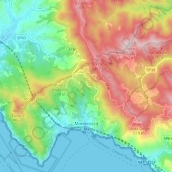 Carte topographique Monterosso al Mare, altitude, relief