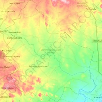 Carte topographique Bommalaramaram mandal, altitude, relief