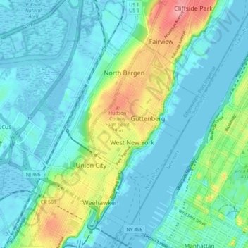 Carte topographique North Bergen, altitude, relief