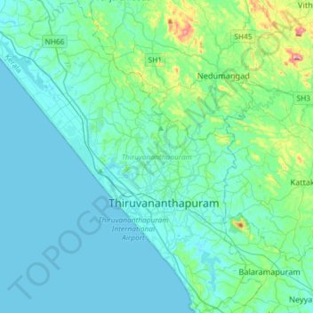 Carte topographique Thiruvananthapuram, altitude, relief