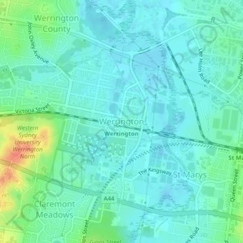 Carte topographique Werrington, altitude, relief