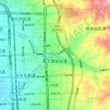 Carte topographique 职工新街街道, altitude, relief