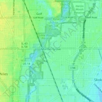 Carte topographique Morton Grove, altitude, relief