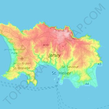 Carte topographique Jersey, altitude, relief