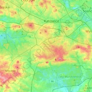 Carte topographique Katowice, altitude, relief