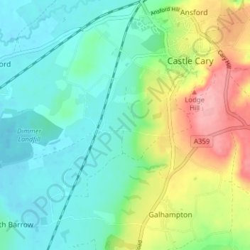 Carte topographique Castle Cary, altitude, relief