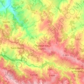 Carte topographique Oradour-sur-Vayres, altitude, relief