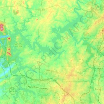Carte topographique Allatoona Lake, altitude, relief