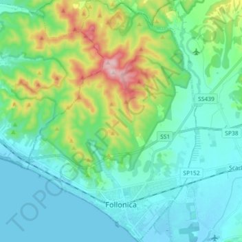 Carte topographique Follonica, altitude, relief