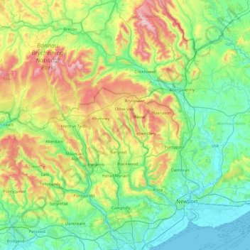Carte topographique River Usk, altitude, relief