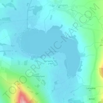 Carte topographique Llangorse Lake, altitude, relief