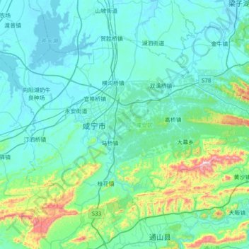 Carte topographique 咸安区, altitude, relief