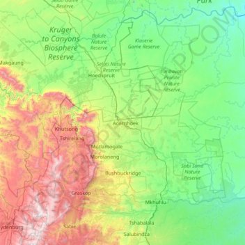 Carte topographique Bushbuckridge, altitude, relief