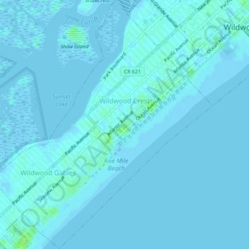 Carte topographique Wildwood Crest, altitude, relief