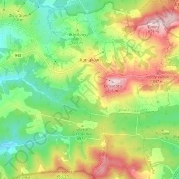 Carte topographique Koniaków, altitude, relief