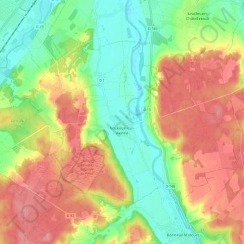 Carte topographique Vouneuil-sur-Vienne, altitude, relief