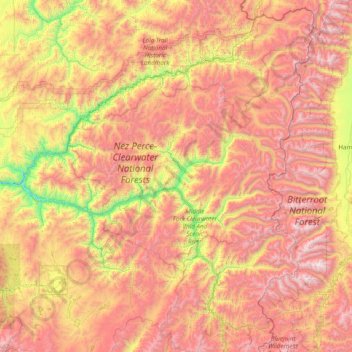 Carte topographique Selway-Bitterroot Wilderness Area, altitude, relief