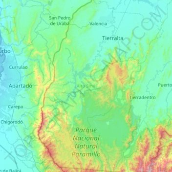 Carte topographique Alto Sinú, altitude, relief