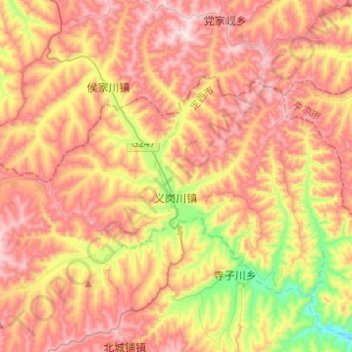 Carte topographique 义岗川镇, altitude, relief
