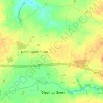 Carte topographique North Tuddenham, altitude, relief