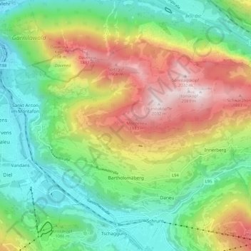 Carte topographique Bartholomäberg, altitude, relief