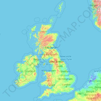 Carte topographique Royaume-Uni, altitude, relief
