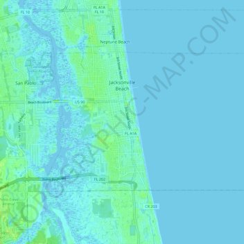 Carte topographique Jacksonville Beach, altitude, relief