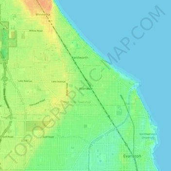 Carte topographique Wilmette, altitude, relief