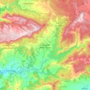 Carte topographique Cornudella de Montsant, altitude, relief