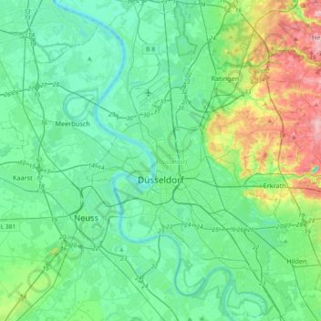 Carte topographique Düsseldorf, altitude, relief