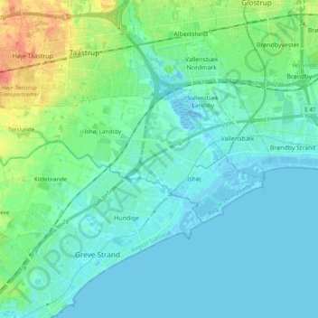 Carte topographique Ishøj Kommune, altitude, relief