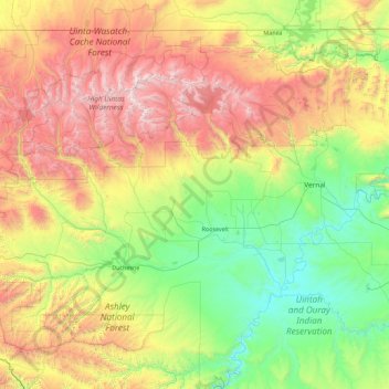 Carte topographique Ashley National Forest, altitude, relief
