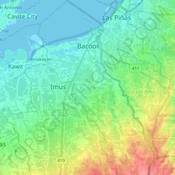 Carte topographique Bacoor, altitude, relief