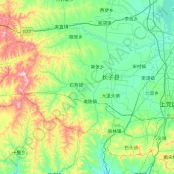Carte topographique 长子县, altitude, relief