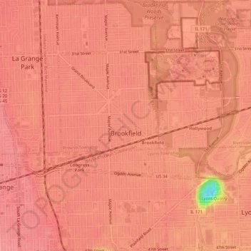Carte topographique Brookfield, altitude, relief