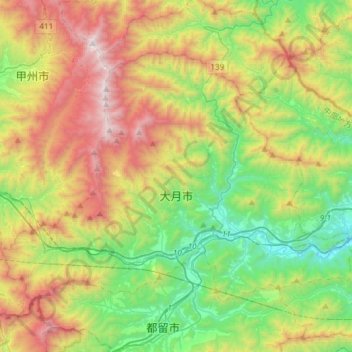 Carte topographique Otsuki, altitude, relief