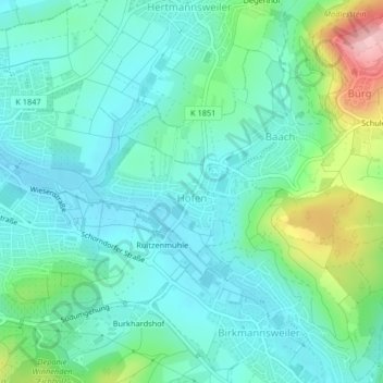 Carte topographique Höfen, altitude, relief