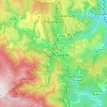 Carte topographique Pourcharesses, altitude, relief