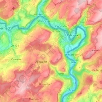 Carte topographique Rosport, altitude, relief