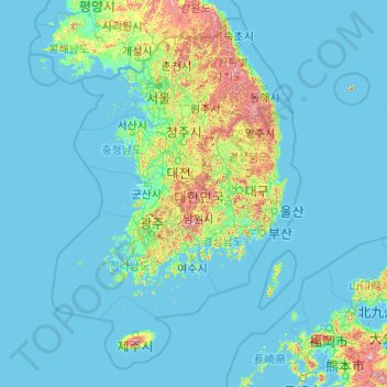 Carte topographique Corée du Sud, altitude, relief