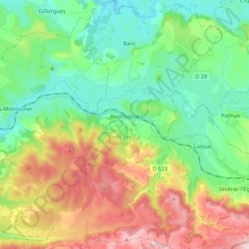 Carte topographique Bertholène, altitude, relief
