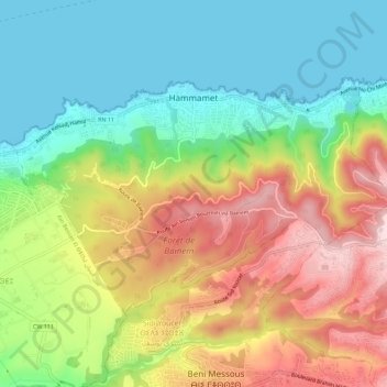 Carte topographique Hammamet, altitude, relief