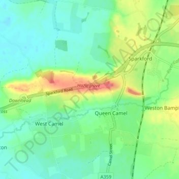 Carte topographique Queen Camel, altitude, relief