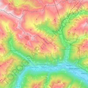 Carte topographique Flattach, altitude, relief